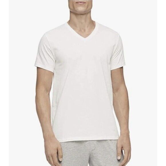 Calvin Klein Mens Solid White V Neck Short Sleeve T Shirt Top Large - Picture 1 of 3